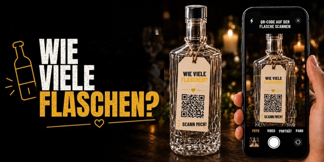 Spiel „Wie viele Flaschen?“ — QR-Anhänger an einer Flasche