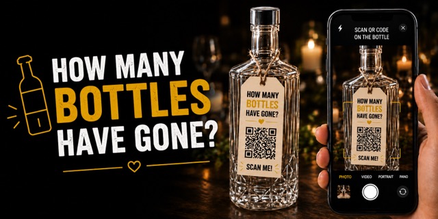“How Many Bottles?” game — QR code tag hanging on a bottle