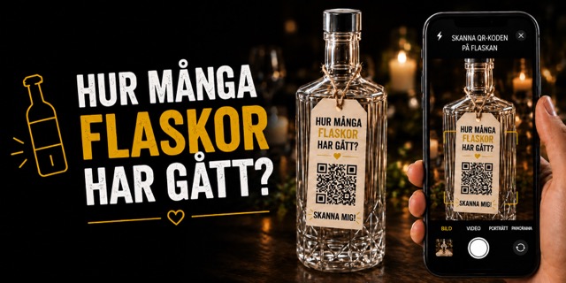 Leken ”Hur många flaskor?” — QR-kod hängande på en flaska