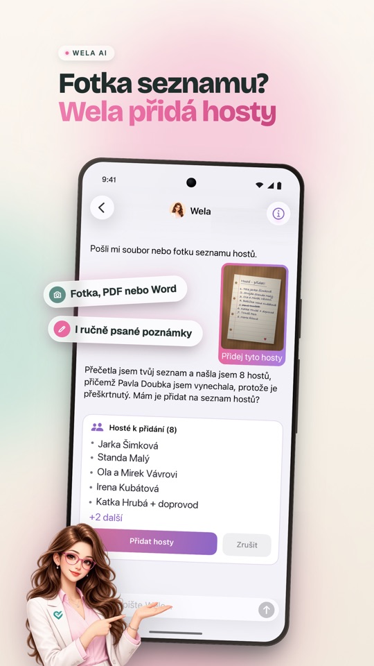 Wela AI — fotka seznamu, Wela přidá hosty (Android)