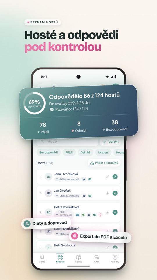 Zasedací pořádek — usaďte hosty bez papírů (Android)