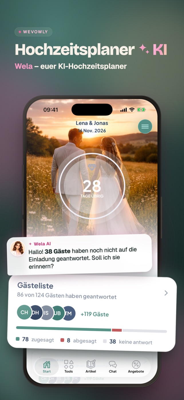 Wevowly-Startbildschirm mit Hochzeits-Countdown