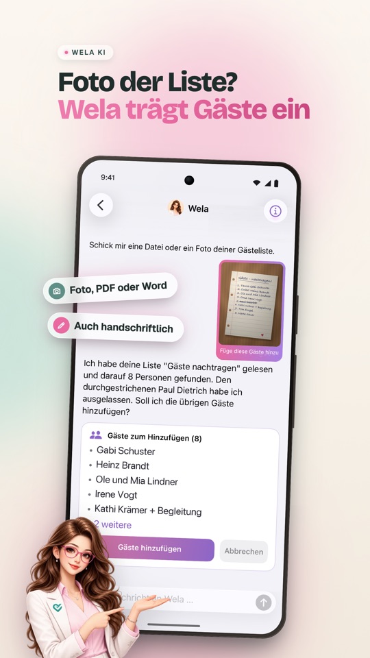 Wela KI — Foto der Liste, Wela trägt Gäste ein (Android)