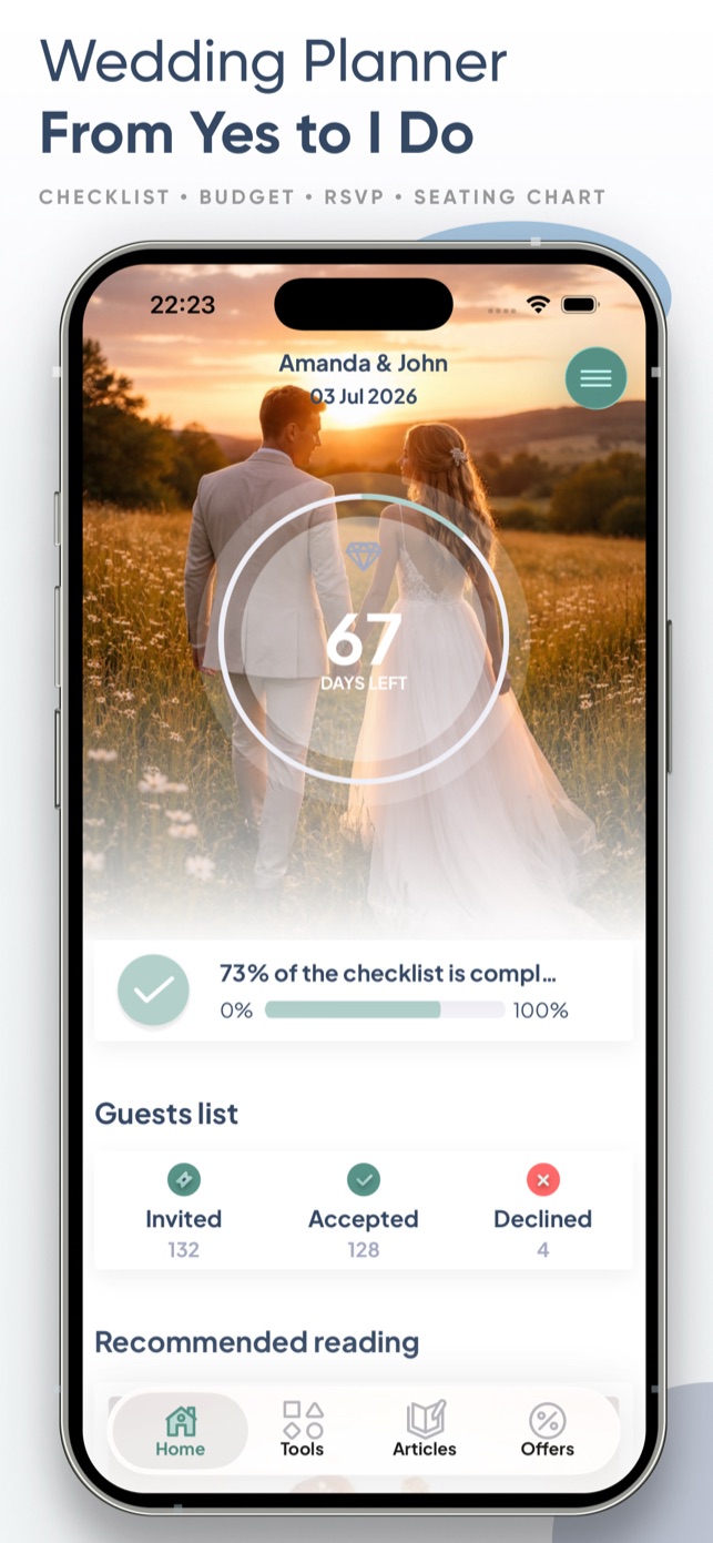 Wevowly home screen with wedding countdown