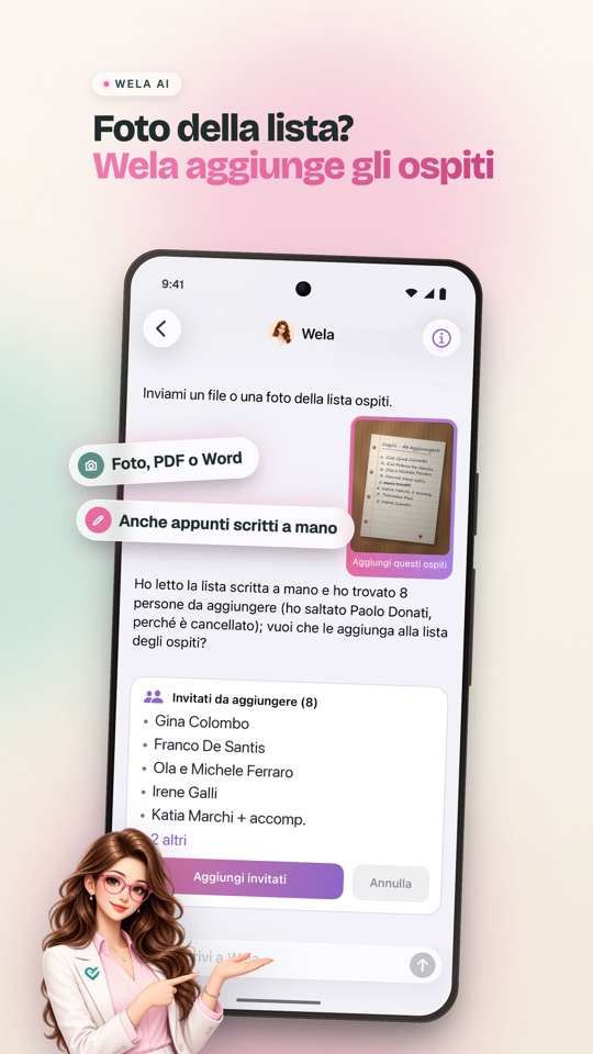 Wela AI — foto della lista, Wela aggiunge gli ospiti (Android)
