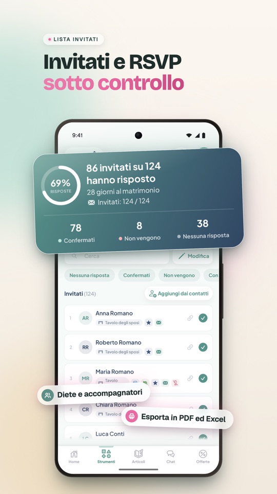 Disposizione tavoli — sistemate gli ospiti senza fogli (Android)