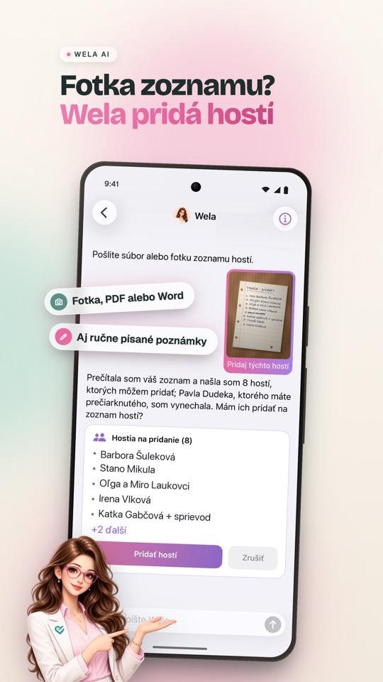 Wela AI — fotka zoznamu, Wela pridá hostí (Android)